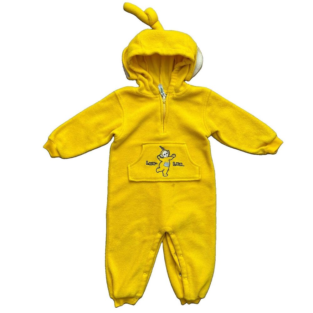 Vintage 90s Teletubbies Laa-Laa Fleece Romper Bodysuit 3T Halloween Costume
